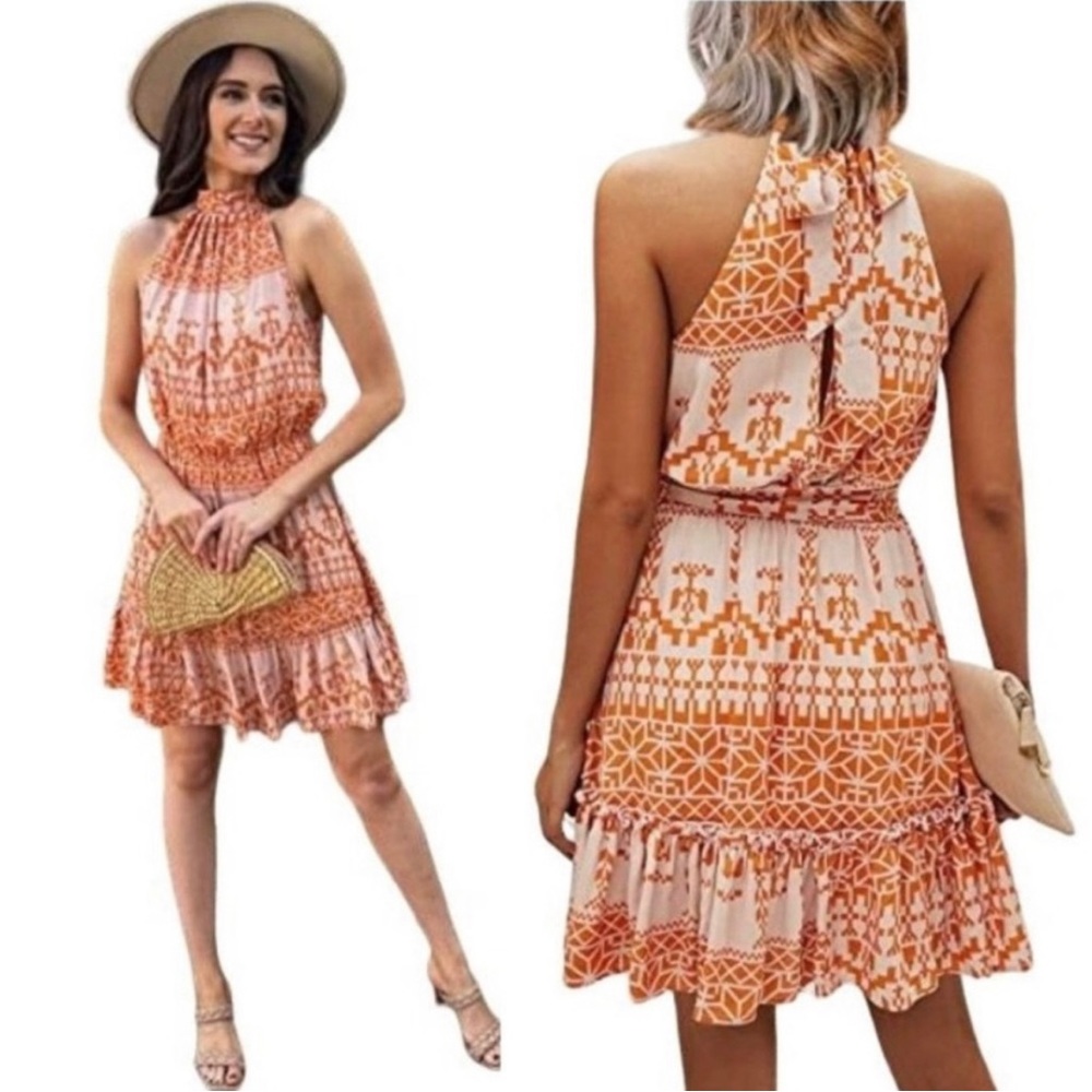 Orange and peach summer halter neck dress
